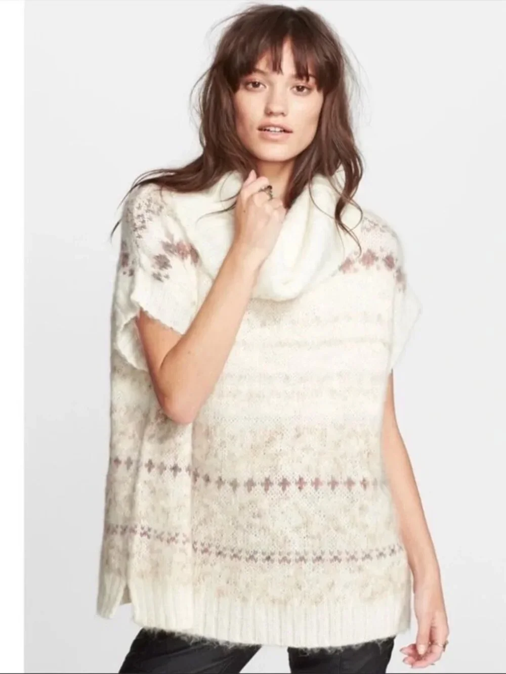 Free People Snow Bunny Sweater Vest Oversized Turtleneck Fair Isle
